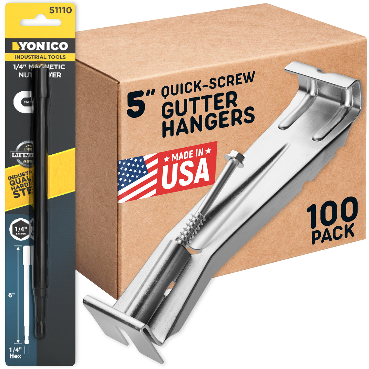 BULDER Quick-Screw 5 inch Made in USA hidden gutter hangers, 100 pack box with driver bit