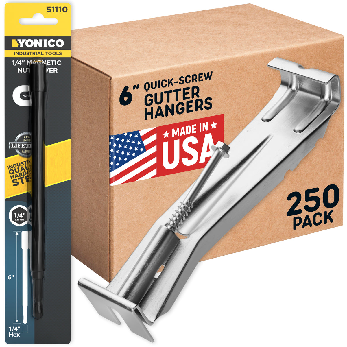 BULDER Quick-Screw 6 inch Made in USA hidden gutter hangers, 250 pack bulk box with driver bit